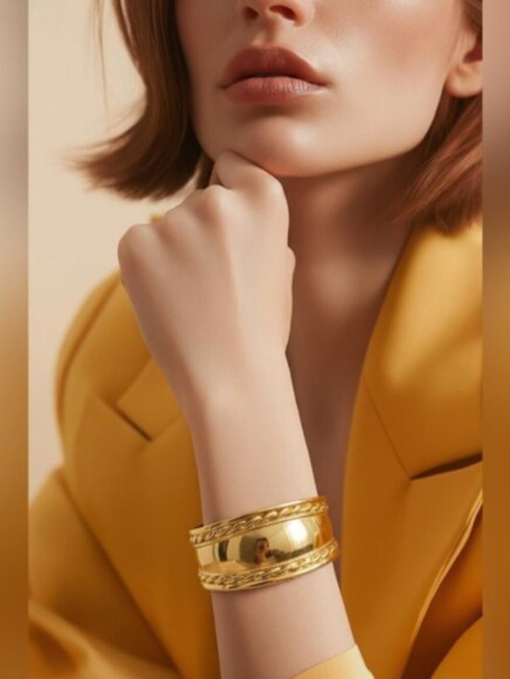 Luxury Elegant Twisted Wide Curved 18k Gold Plated Stainless Steel Open Bracelet - Picture 2 of 7